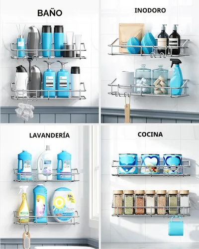 Vista 8 de Nieifi - Estante adhesivo para ducha con estantes de almacenamiento sin perforación de acero inoxidable con ganchos para baño, lavabo, aseo