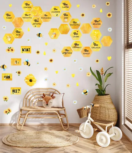 Vista 4 de OLMIXA Calcomanías de pared de miel de abeja de acuarela, cita inspiradora "What I Can Bee", calcomanías de vinilo con frase positiva de verano