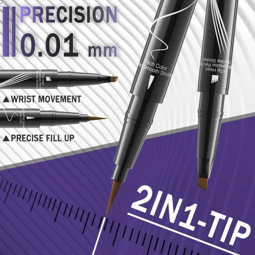 Vista 2 de Pinkiou Lápiz de cejas Microblading - Lápiz de cejas 2 en 1 de doble punta con 4 puntas de tenedor y cepillo de precisión, negro