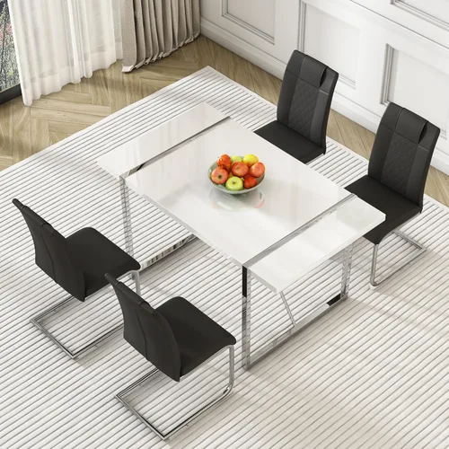 Vista 2 de Juego de mesa de comedor para 4, juego de mesa de cocina rectangular de MDF blanco con sillas de comedor de cuero, juego de 4, juego de mesa