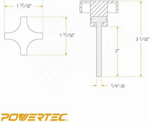 Vista 3 de POWERTEC QNB3011 - Paquete de 5 perillas de 4 puntos de 1/4"-20 con perno roscado de 2", perillas de tornillo de pulgar con pernos para cortacésped
