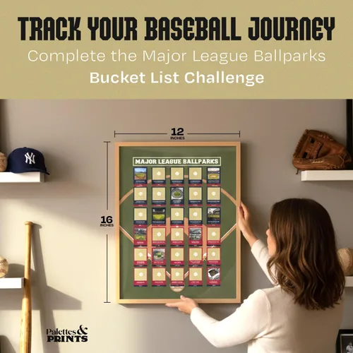 Vista 4 de Cartel con estadios de béisbol profesional para rascar enmarcado - Rastrea tu viaje de béisbol - Decoración de béisbol - Mapa para rascar de estadio