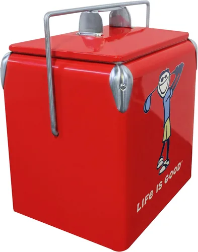 Vista 2 de Leigh Country Life is Good - Hielera metálica roja, diseño gráfico Jake Golfing, portátil con asa de transporte