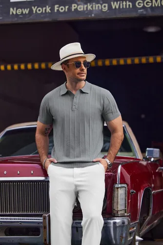 Vista 42 de COOFANDY Camisas polo de punto para hombre de manga corta con textura acanalada Camisas de golf casuales y ligeras con cuello Camiseta de polo