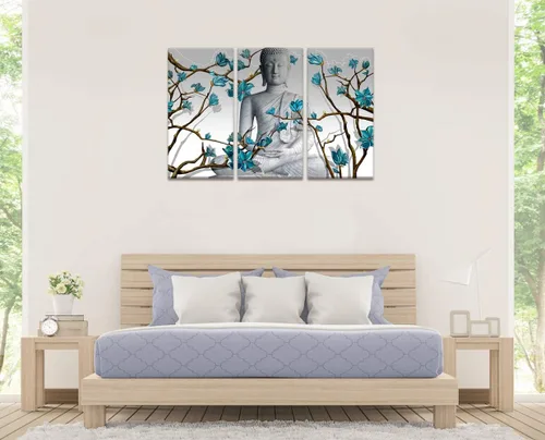 Vista 4 de Visual Art Decor 3 piezas de arte de pared de Buda estatua de Buda con flores azules abstractas, impresiones en lienzo para sala de estar