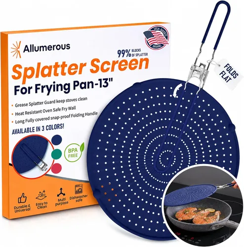 Vista 11 de Pantalla contra salpicaduras de silicona para sartén Verde 13" No más salpicaduras de aceite Mango plegable con fundas, resistente al calor