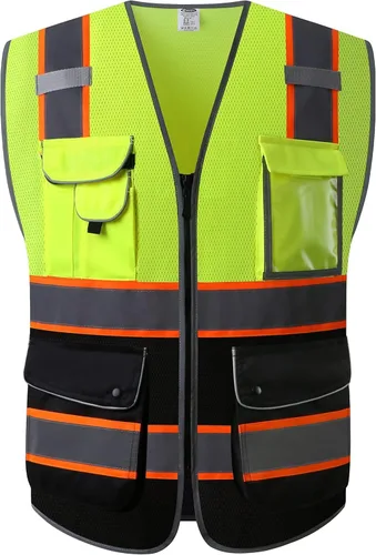 Vista 42 de JKSafety Chaleco de seguridad frontal con cremallera de alta visibilidad Clase 2 de 9 bolsillos con tiras reflectantes, cumple con las normas