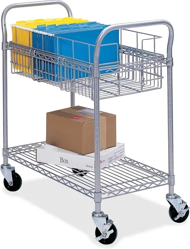 Vista 5 de Safco Carro de correo Scoot: diseño de acero duradero con capacidad para hasta 75 carpetas de tamaño legal, ruedas giratorias, detalles plateados