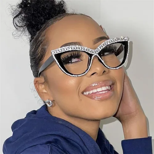 Vista 6 de LJCZKA Rhinestone Cat Eye Glasses Women Vintage Anti Eyestrain Blue Light Blocking Computer Glasses Diamond Eyewear