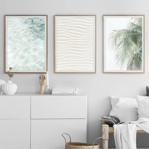 Vista 3 de Lienzo decorativo para pared, 3 piezas, diseño de palmera oceánica, cuadros costeros verde salvia, ilustraciones enmarcadas para decoración de playa