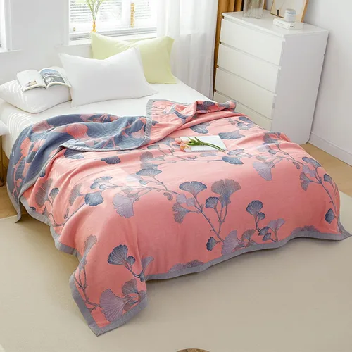 Vista 2 de Ginkgo - Colcha de jacquard de algodón suave, ligera, reversible, para otoño y verano, con patrón de hojas de ginkgo para decoración de cama