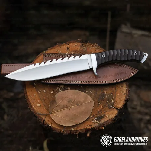 Vista 5 de Cuchillo Bowie con funda, cuchillo de caza de hoja fija para camping, senderismo, bushcraft, equipo al aire libre, cuchillo de supervivencia
