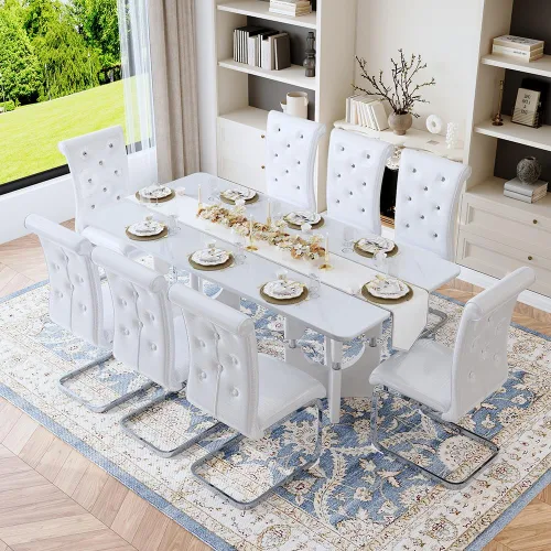 Vista 17 de Mesa de comedor moderna para mesa de comedor de mármol sintético blanco de 6, 8, 71 pulgadas, con patas negras y doradas, mesa de cocina rectangular
