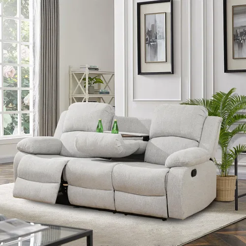 Vista 47 de Juego de muebles de sala de estar, juego de sofá reclinable de cuero, sofá reclinable y sofá biplaza, juego de sofá de cuero beige, juego de muebles