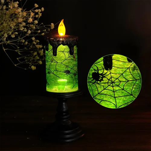 Vista 5 de Eldnacele Velas de Globo de Nieve de Halloween Lámpara Iluminada, Operada con Batería Vela Giratoria Espeluznante de Tornado de Agua Brillante Sin