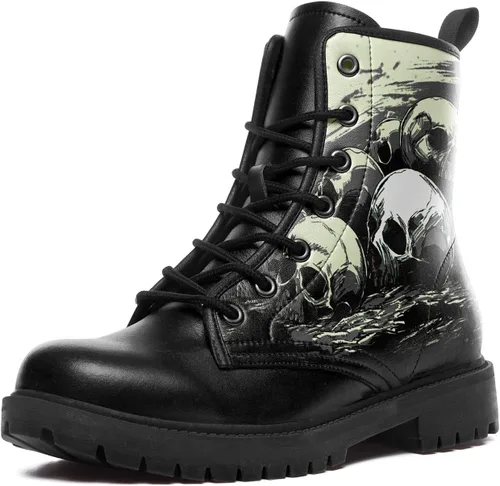 Vista 13 de Botas de combate negras personalizadas para mujer, con lazada, estilo cráneo y rosa, botas de tacón grueso y plataforma de cuero