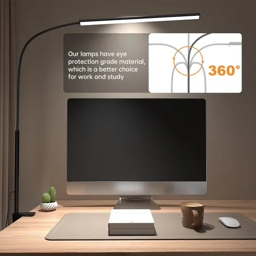 Vista 3 de Lámpara de escritorio LED con abrazadera, 5 modos de color y 10 niveles de brillo, luz de escritorio para cuidado de los ojos, cuello de cisne