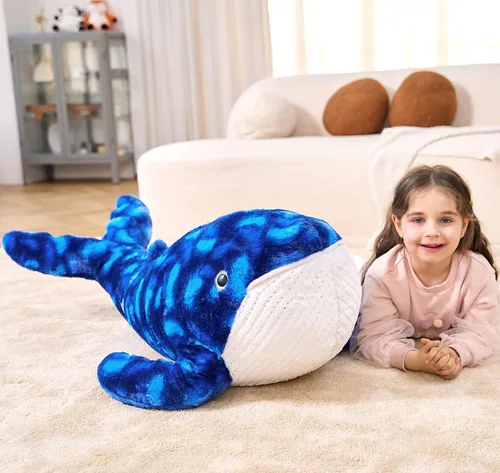 Vista 2 de IKASA Juguete de peluche grande de ballena azul, gigante, de 43 pulgadas, lindos juguetes suaves jumbo, enorme tamaño grande, esponjoso, oso