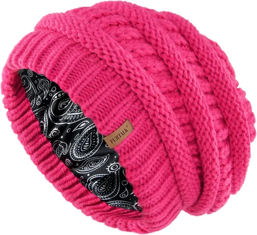 Vista 20 de FURTALK Gorro de invierno para mujer, con forro de satén, tejido trenzado, grueso, holgado, gorro cálido
