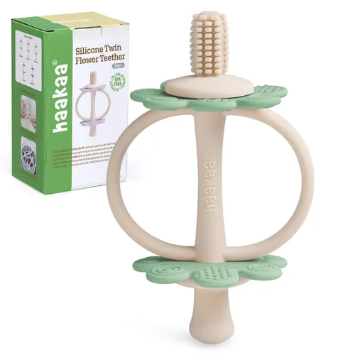 Vista 17 de juguetes de dentición de silicona para bebés haakaa, extremo con forma de pezón para masaje de encías, cabeza de cepillo de dientes de 360°