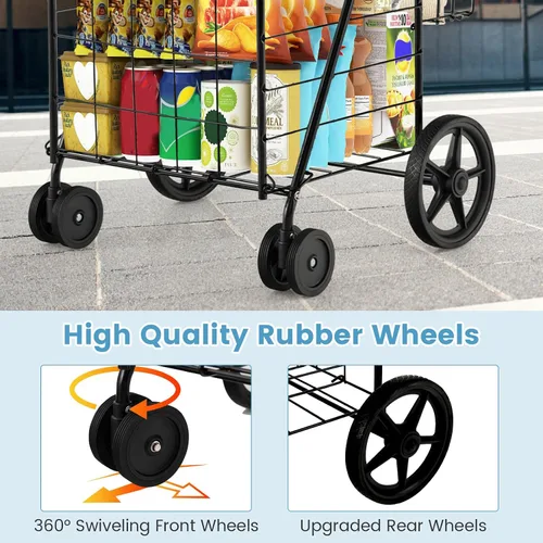 Vista 5 de COSTWAY Carrito de compras plegable, carrito de comestibles de metal con cesta adicional Ruedas delanteras giratorias de 360° y mango cómodo, Negro