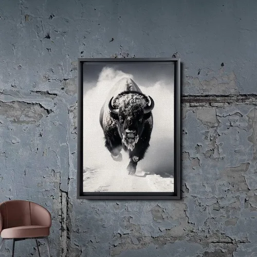 Vista 2 de Lienzo enmarcado para pared, diseño de búfalo de bisonte blanco y negro, animales de paisaje, vida silvestre, arte digital, realismo, decorativo