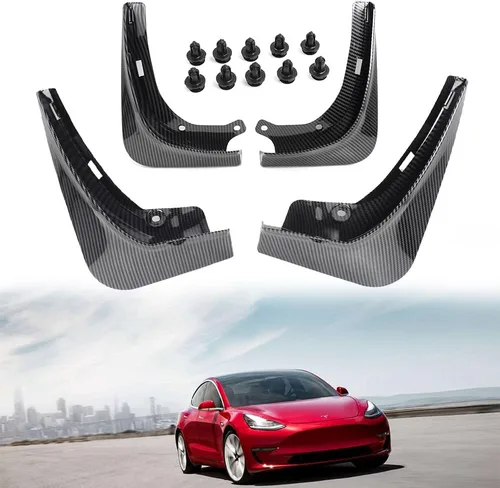 Vista 8 de Tesla Model 3 - Juego de 4 guardabarros sin perforación, protectores contra salpicaduras color negro, para Tesla Model 3 2017-2023 (fibra de carbono)