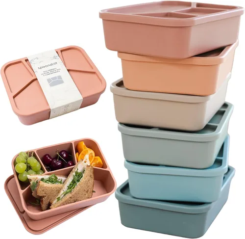 Vista 9 de Spoondrift Lonchera Bento de silicona 100% ecológica de grado alimenticio, a prueba de fugas, para niños y adultos, 4 compartimentos, elige entre 6