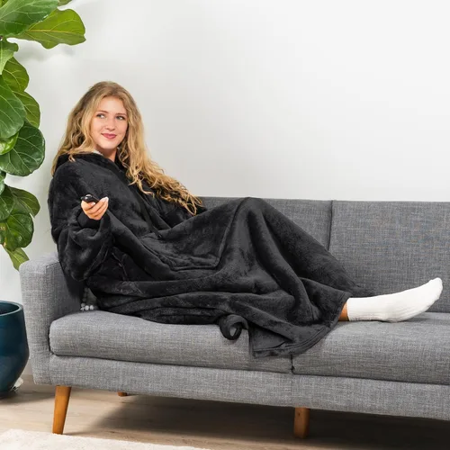 Vista 5 de PAVILIA Manta con Capucha para Mujeres, Manta Sherpa Usable para Hombres, Sudadera Cálida de Gran Tamaño, Manta con Capucha y Suéter, Negro