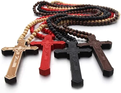 Vista 7 de COLORFUL BLING Cadenas de cuentas de madera natural, collares con colgante de cruz para hombres y mujeres, cristiano, religioso, católico, crucifijo
