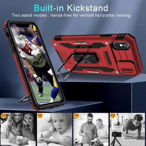 Vista 258 de DEERLAMN Funda para iPhone Xs Max con funda deslizante para cámara + protector de pantalla, soporte giratorio de anillo de grado militar a prueba