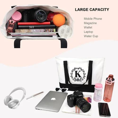 Vista 3 de BeeGreen Bolsa de lona con inicial con bolsa de maquillaje, monograma, bolsa de playa para mujeres, regalos personalizados para profesores, madres