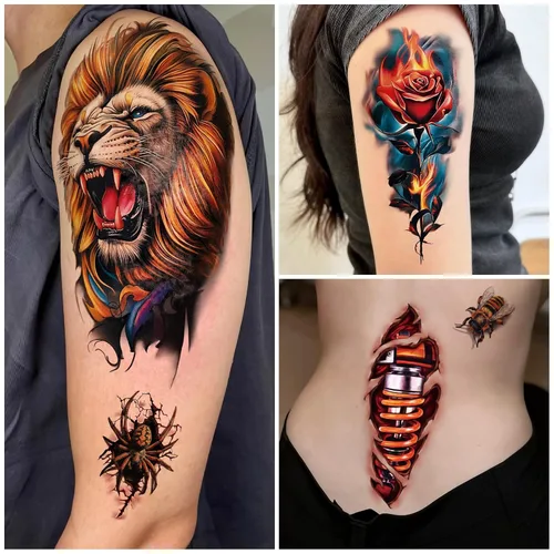 Vista 6 de 77 hojas de tatuajes temporales realistas en 3D para adultos y niños, cráneo, tigre, lobo, león, dragón, araña, serpiente, tatuajes temporales