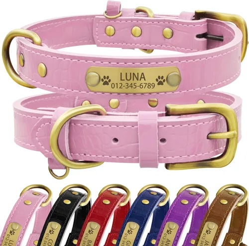 Vista 8 de Collar de perro de cuero genuino personalizado Senristar con placa de nombre grabada - Collar para perro duradero y elegante personalizado para Negro
