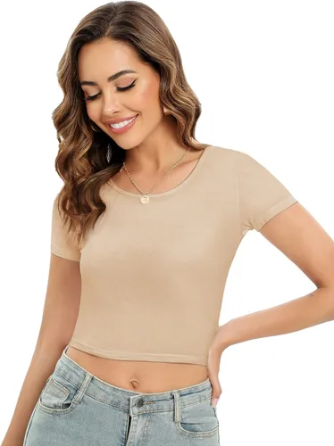 Vista 4 de Paquete de 4 camisetas cortas básicas ajustadas de manga corta para mujer, lindas camisetas cortas de moda con cuello redondo para mujeres