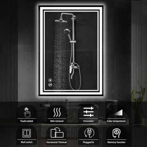 Vista 2 de Paquete de 2 espejos LED de baño de 24 x 36 pulgadas, espejo LED para baño, sin niebla, regulable, 3 colores, espejo de baño con luces, espejo
