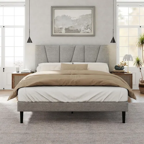 Vista 11 de HAOARA Marco de cama tamaño completo con cabecera tapizada en tela, cama plataforma con soporte de listones de madera, base de colchón completa
