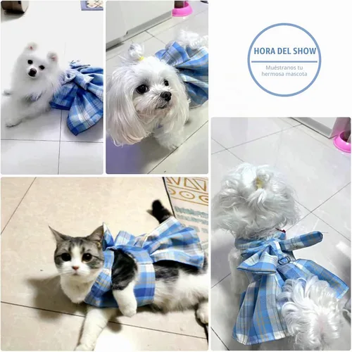 Vista 3 de PETCARE Vestido de Perro a Cuadros con Corbata de Moño y Arnés Set de Correa para Perros Pequeños, Gatos, Niñas, Lindos Vestidos de Princesa