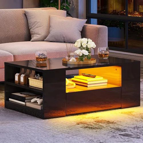 Vista 5 de Mesas de centro LED modernas YITAHOME para sala de estar Wood Center Table with 2 Storage Drawers, Open Shelves, High Gloss Finish, LED Lighting