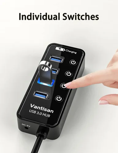 Vista 3 de vantisan Concentrador USB 3.0 alimentado, extensión USB de 4 puertos USB Hub Splitter (4 puertos de datos USB 3.0 + 1 puerto de carga inteligente)