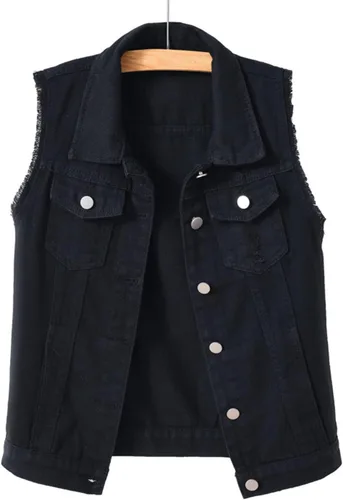 Vista 3 de Locachy Chaleco de mezclilla casual para mujer, ajustado, sin mangas, rasgados