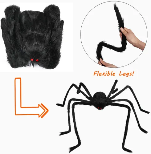Vista 3 de Araña gigante de Halloween de 6.6 pies, decoración de Libay para exteriores, araña peluda grande, araña peluda aterradora, decoración espeluznante