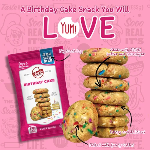 Vista 3 de Classic Cookie, Mini galletas crujientes, pastel de cumpleaños, bolsas de 4 onzas, 24 bolsas