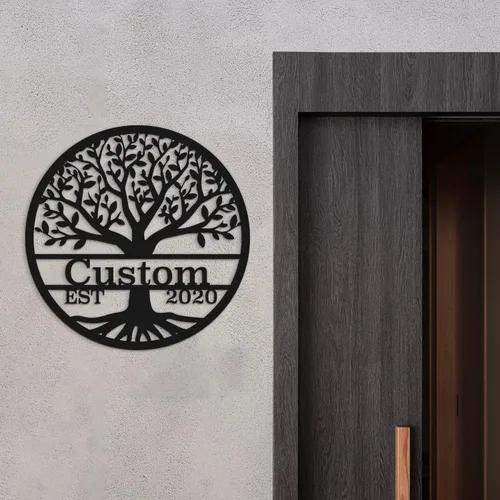 Vista 4 de Letreros metálicos personalizados con nombre del árbol de la vida, negro, 15.75 x 11.81 pulgadas, personalizados, montaje en pared, hierro, de 12 a