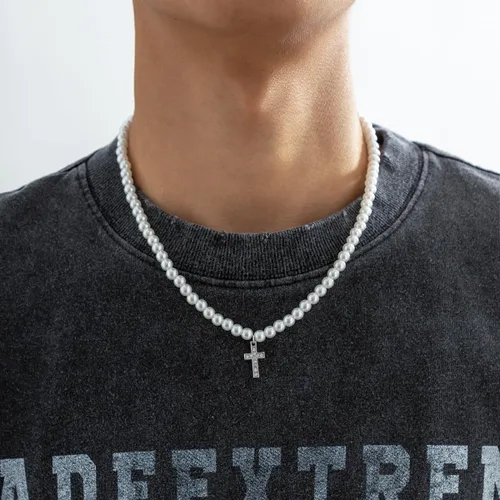 Vista 3 de Collar de perlas para hombre, collar de cadena cubana de varias capas, collar de perlas artificiales para mujeres y hombres, regalos