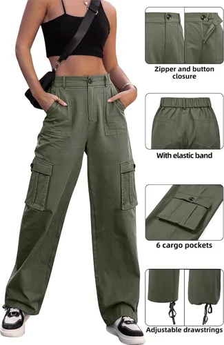 Vista 5 de ZMPSIISA Pantalones cargo de cintura alta para mujer, pantalones casuales de pierna ancha, 6 bolsillos, pantalones militares de combate