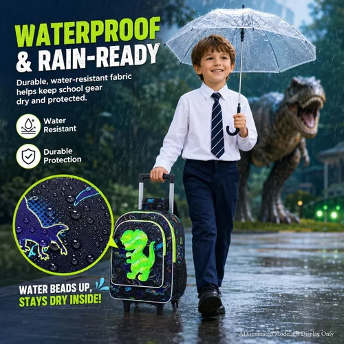 Vista 5 de WZLVO 4 mochilas con ruedas de dinosaurio para niños, juego escolar con ruedas geniales con lonchera, mochila escolar resistente al agua con ruedas