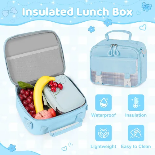 Vista 5 de Mochila escolar para niñas con lonchera, 5 unidades, linda mochila Kawaii para niños y adolescentes, mochila estética primaria, Azul, Bolsa