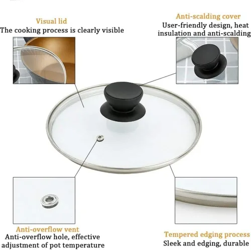 Vista 3 de Tapas de sartén de vidrio templado Tapa de sartén Cubierta de vapor Cubierta de sartén transparente para el hogar Tapa de olla de repuesto universal
