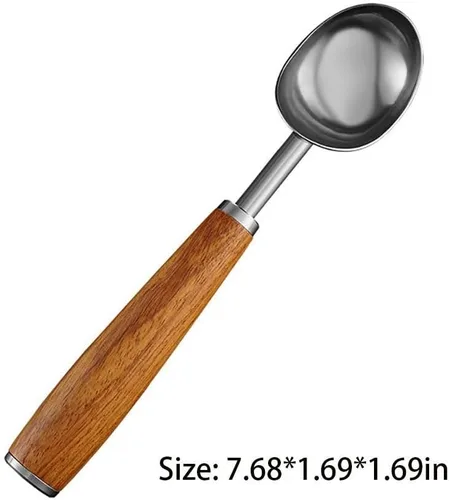 Vista 5 de Cuchara de helado de acero inoxidable con mango de madera, cuchara de hielo de metal para congelador, cuchara de galletas de café, accesorios